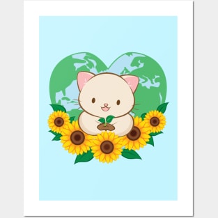 Love Our Planet Cute White Cat and Sunflowers Kawaii Earth Day Posters and Art